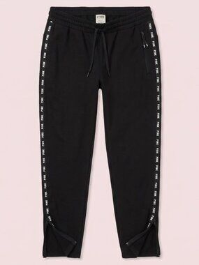 PINK by Victoria's Secret Black Velour Track Pants Zipper Pockets & Side Logo
